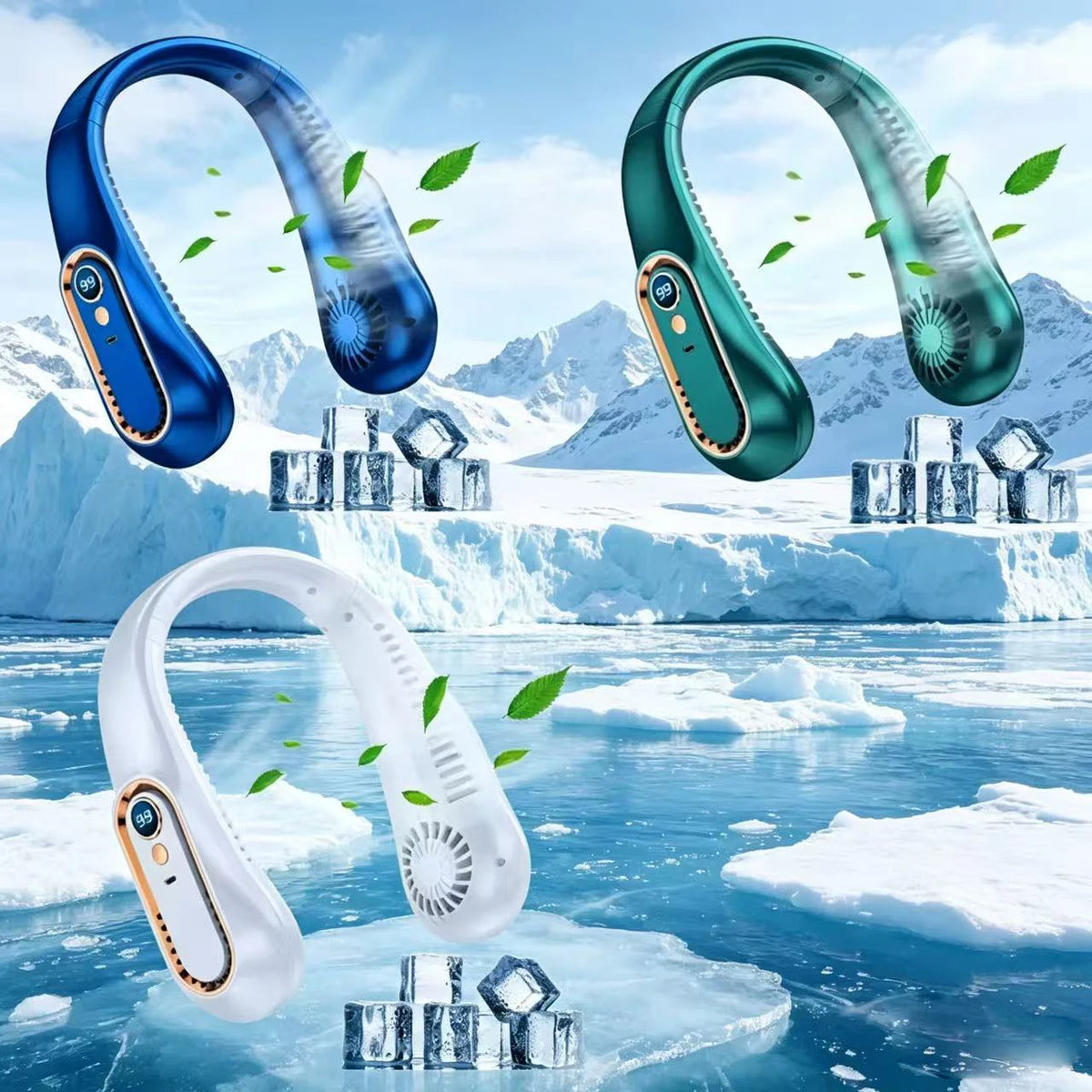 Ventilador de cuello portátil en los colores blanco, azul y verde